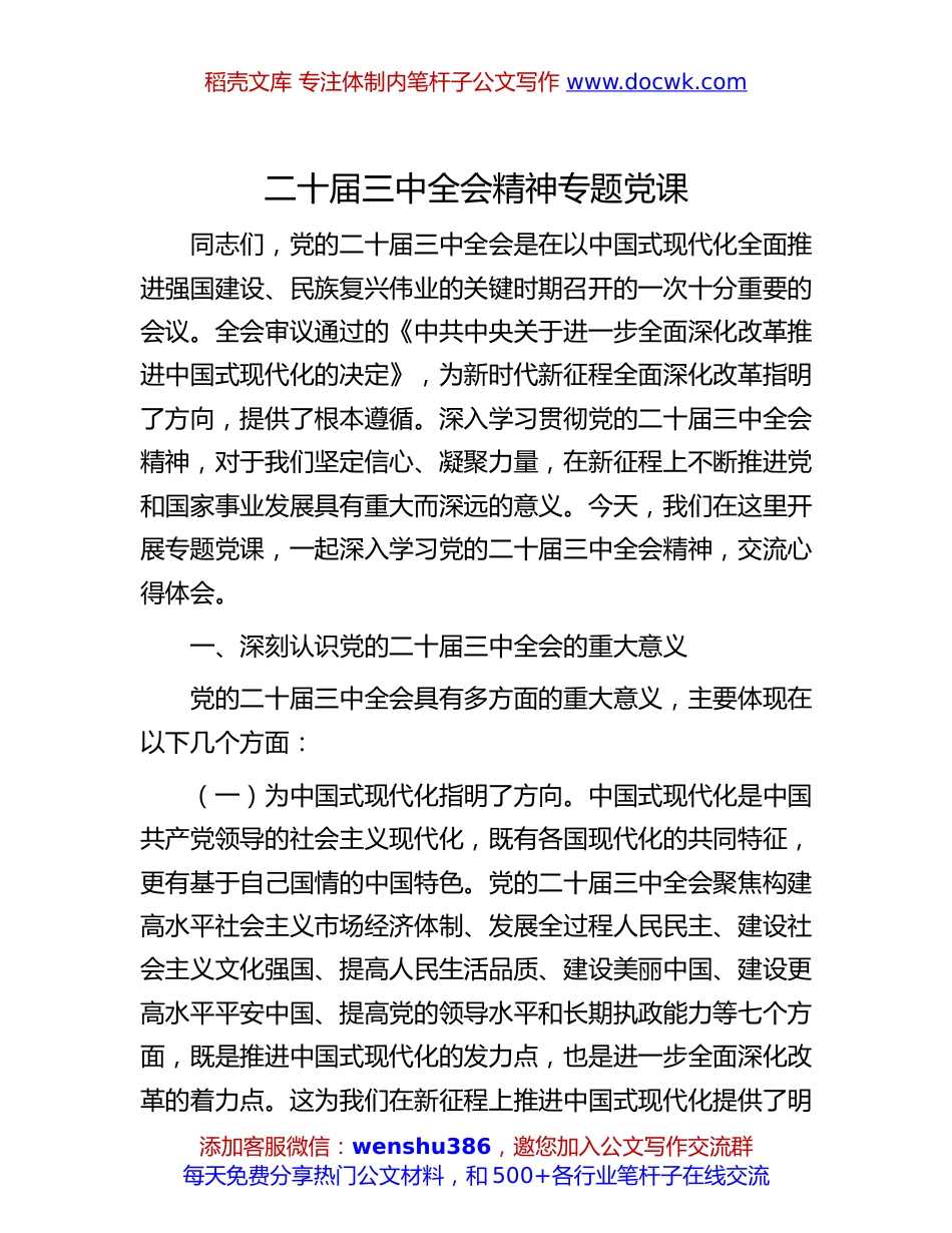 二十届三中全会专题党课：二十届三中全会精神专题党课.docx