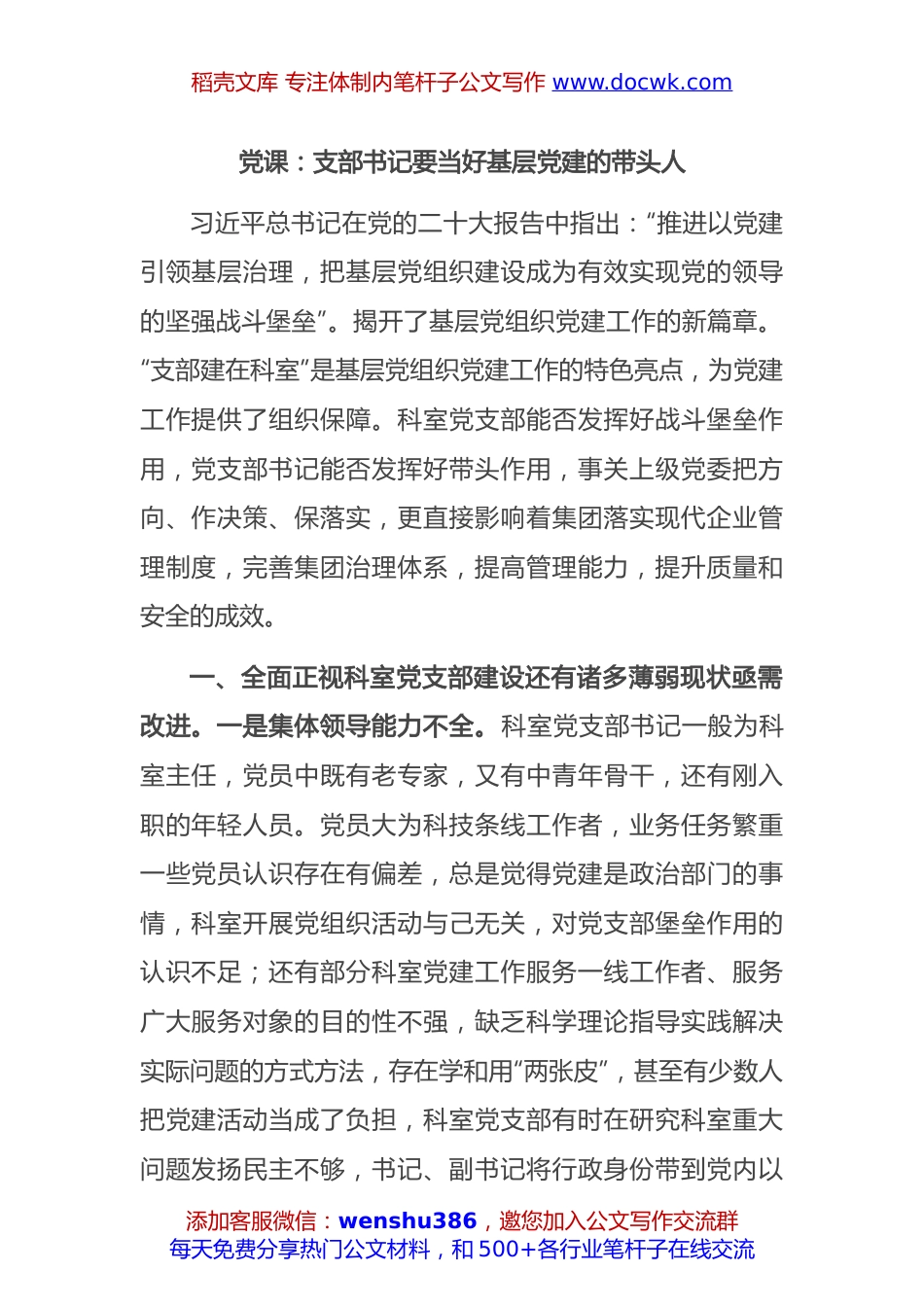 党课：支部书记要当好基层党建的带头人.docx