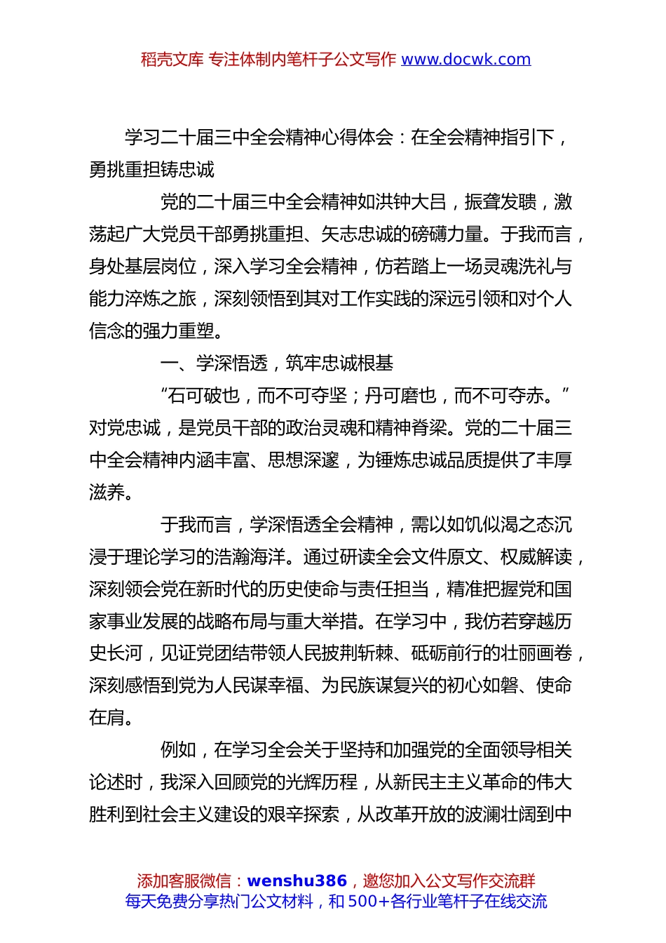 学习二十届三中全会精神心得体会：在全会精神指引下，勇挑重担铸忠诚.docx