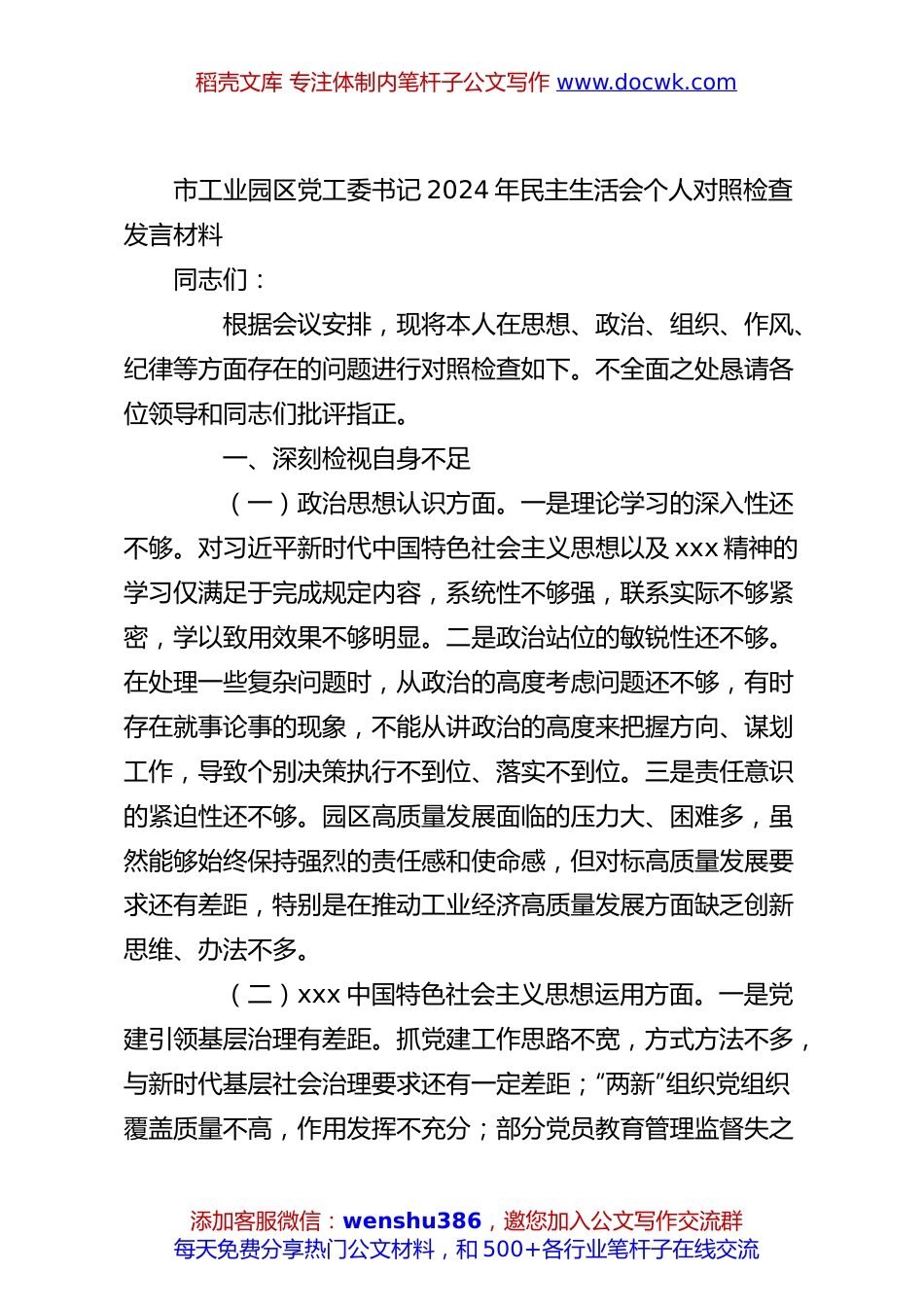 市工业园区党工委书记2024年民主生活会个人对照检查发言材料.docx