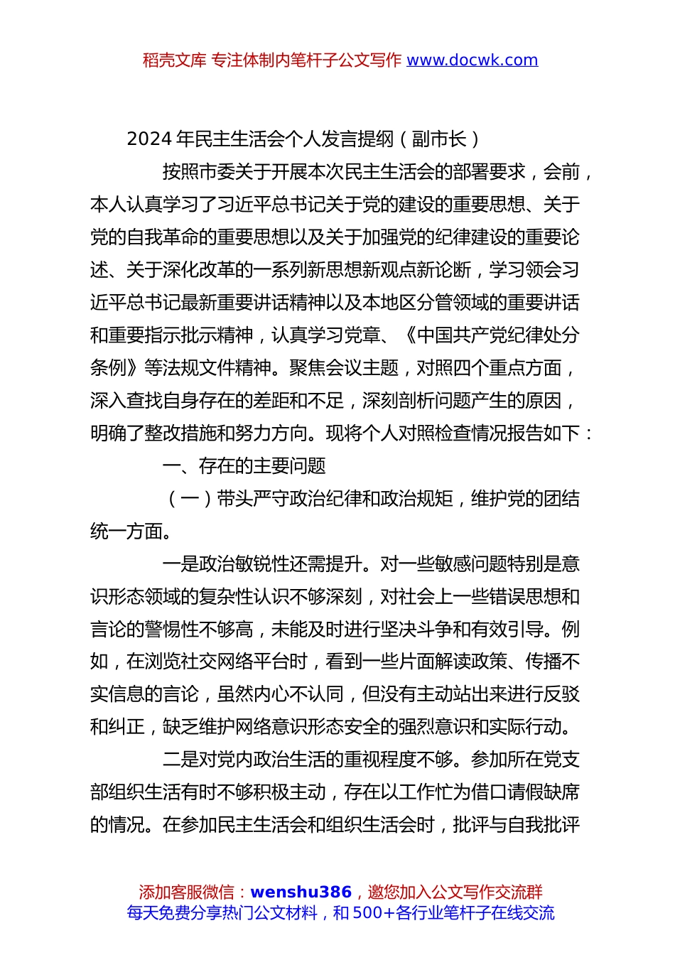 2024年民主生活会个人发言提纲（副市长）.docx