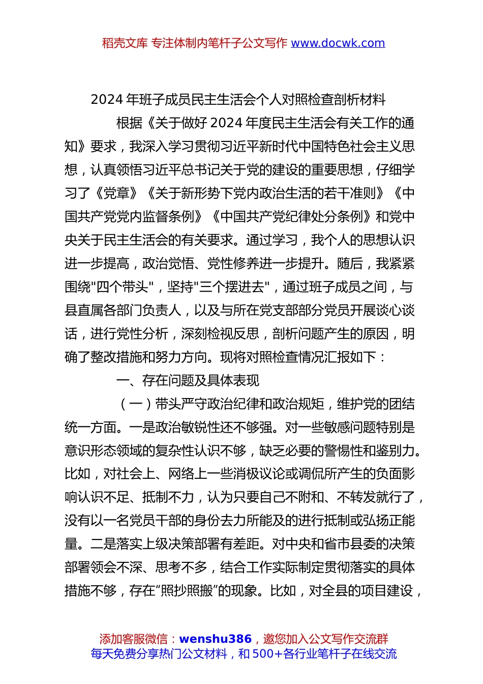 2024年班子成员民主生活会个人对照检查剖析材料.docx