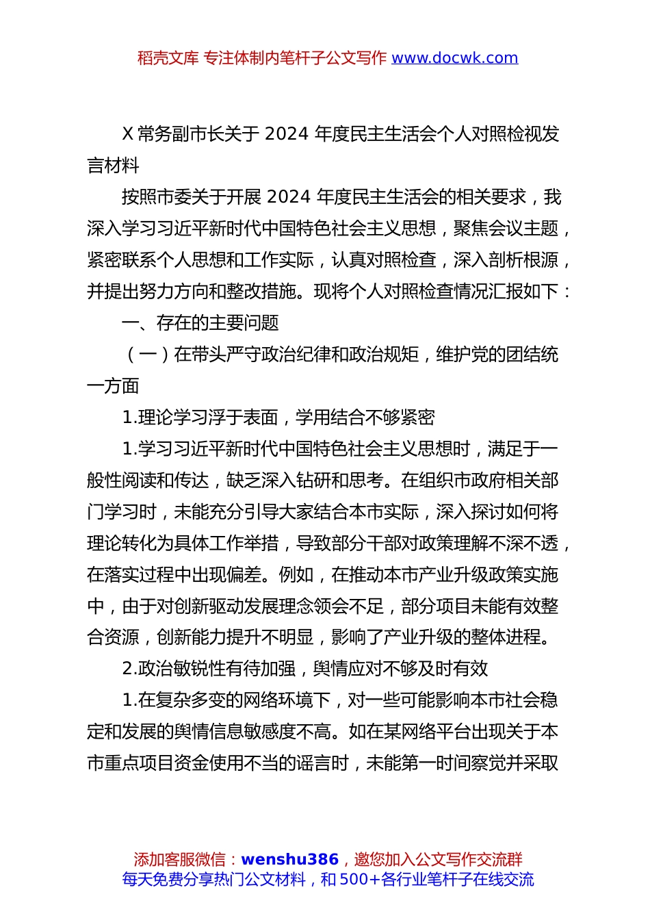 X常务副市长关于 2024 年度民主生活会个人对照检视发言材料.docx