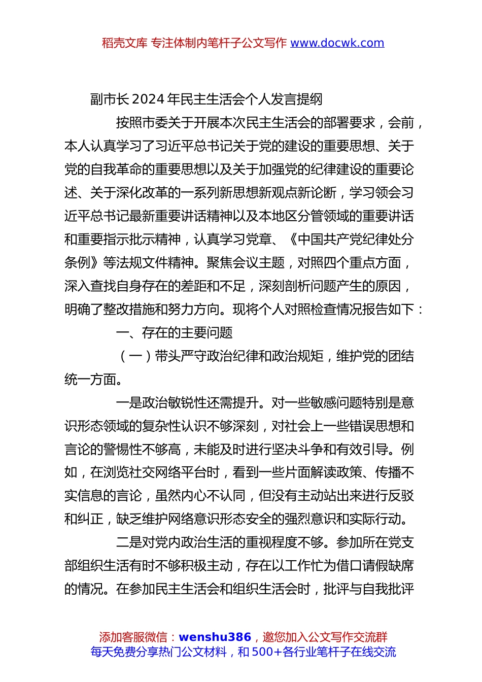 副市长2024年民主生活会个人发言提纲.docx