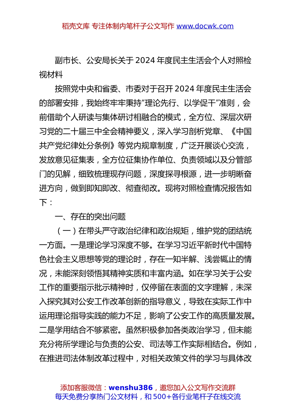 副市长、公安局长关于2024年度民主生活会个人对照检视材料.docx