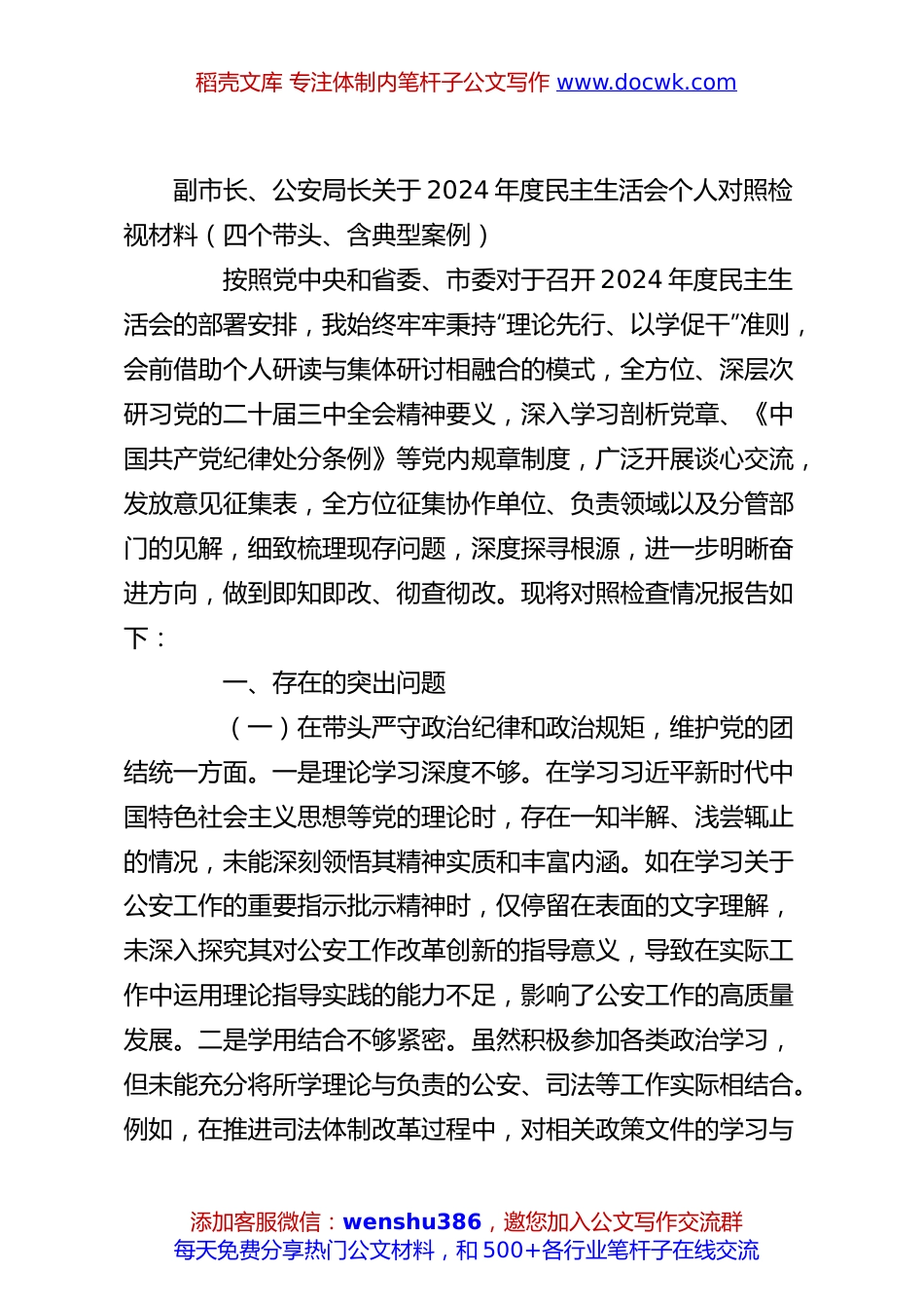 副市长、公安局长关于2024年度民主生活会个人对照检视材料（四个带头、含典型案例）.docx
