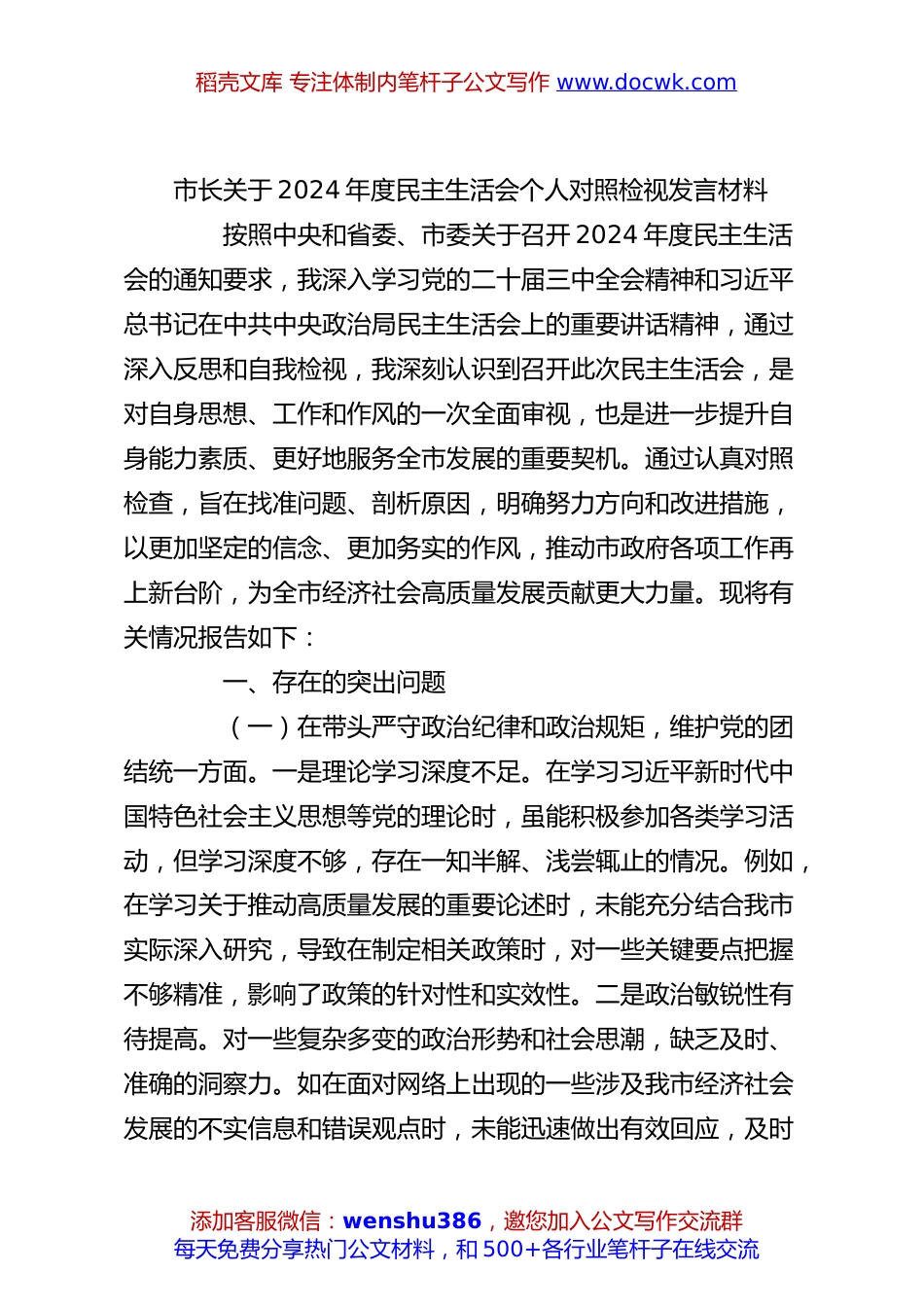 市长关于2024年度民主生活会个人对照检视发言材料.docx