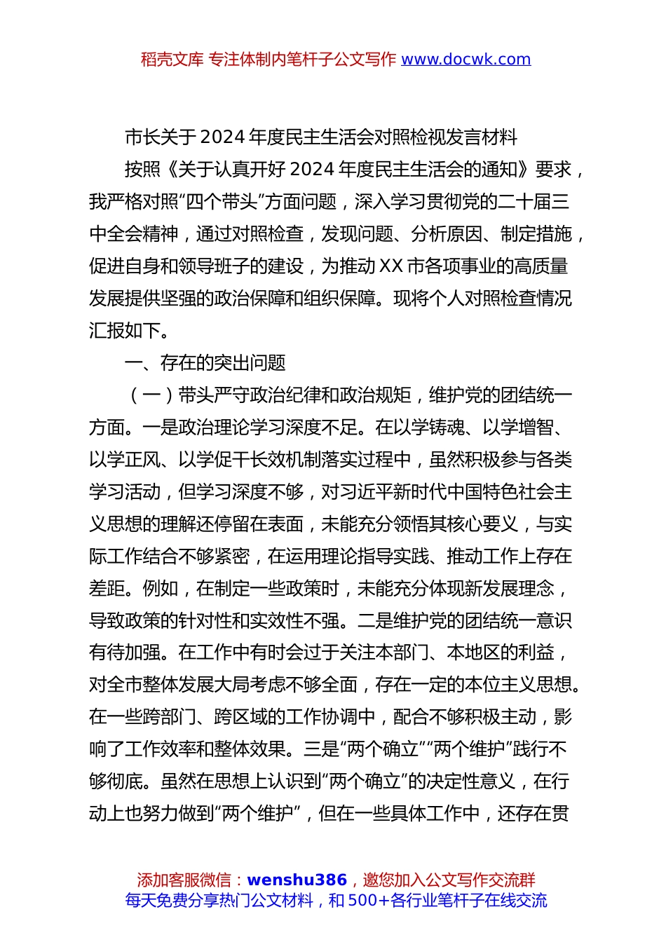 市长关于2024年度民主生活会对照检视发言材料.docx