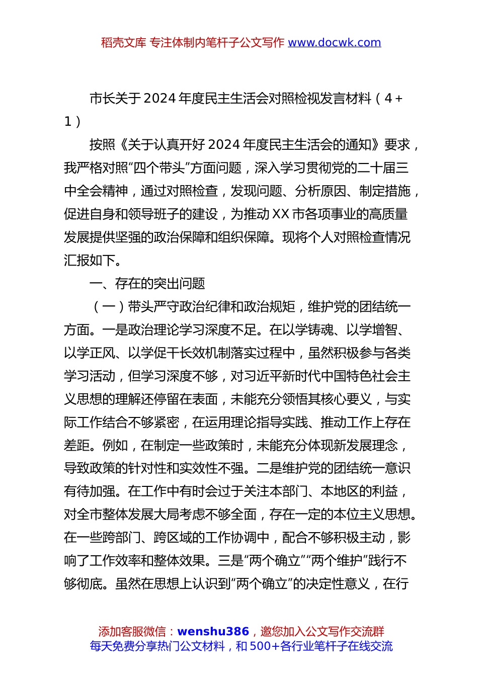 市长关于2024年度民主生活会对照检视发言材料（4＋1）.docx