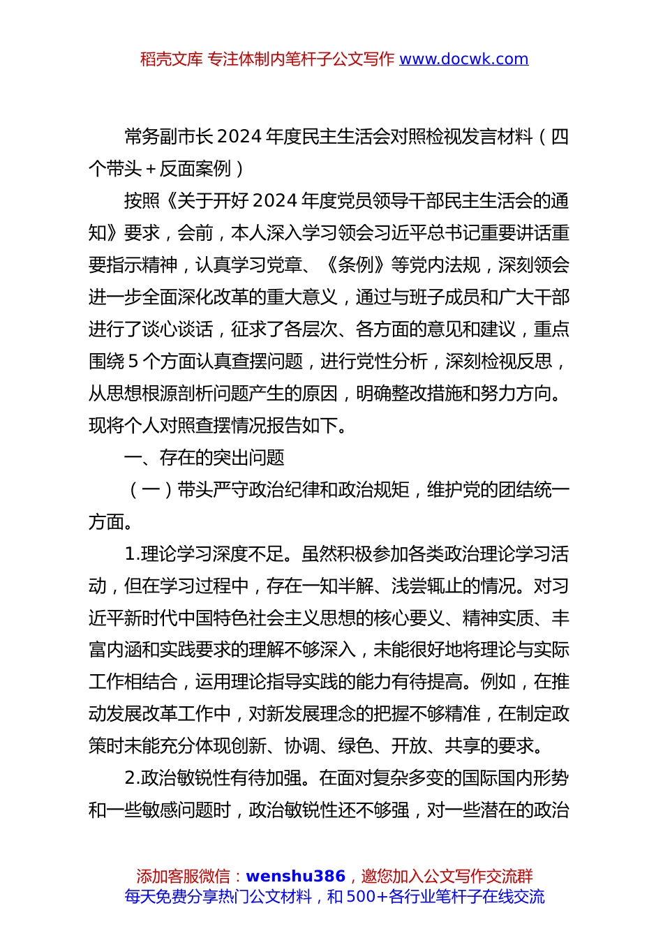 常务副市长2024年度民主生活会对照检视发言材料（四个带头＋反面案例）.docx