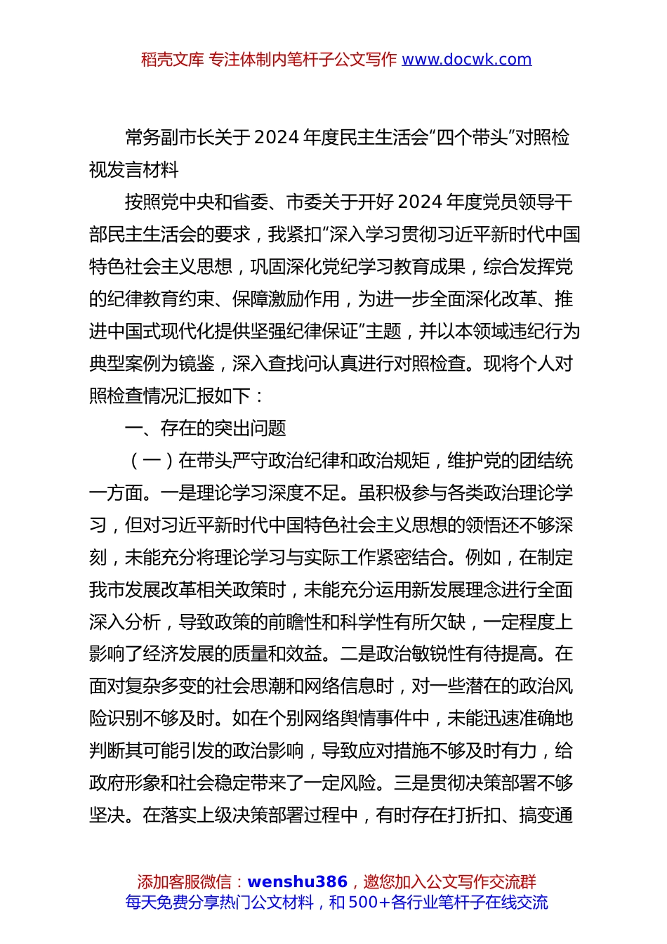 常务副市长关于2024年度民主生活会“四个带头”对照检视发言材料.docx