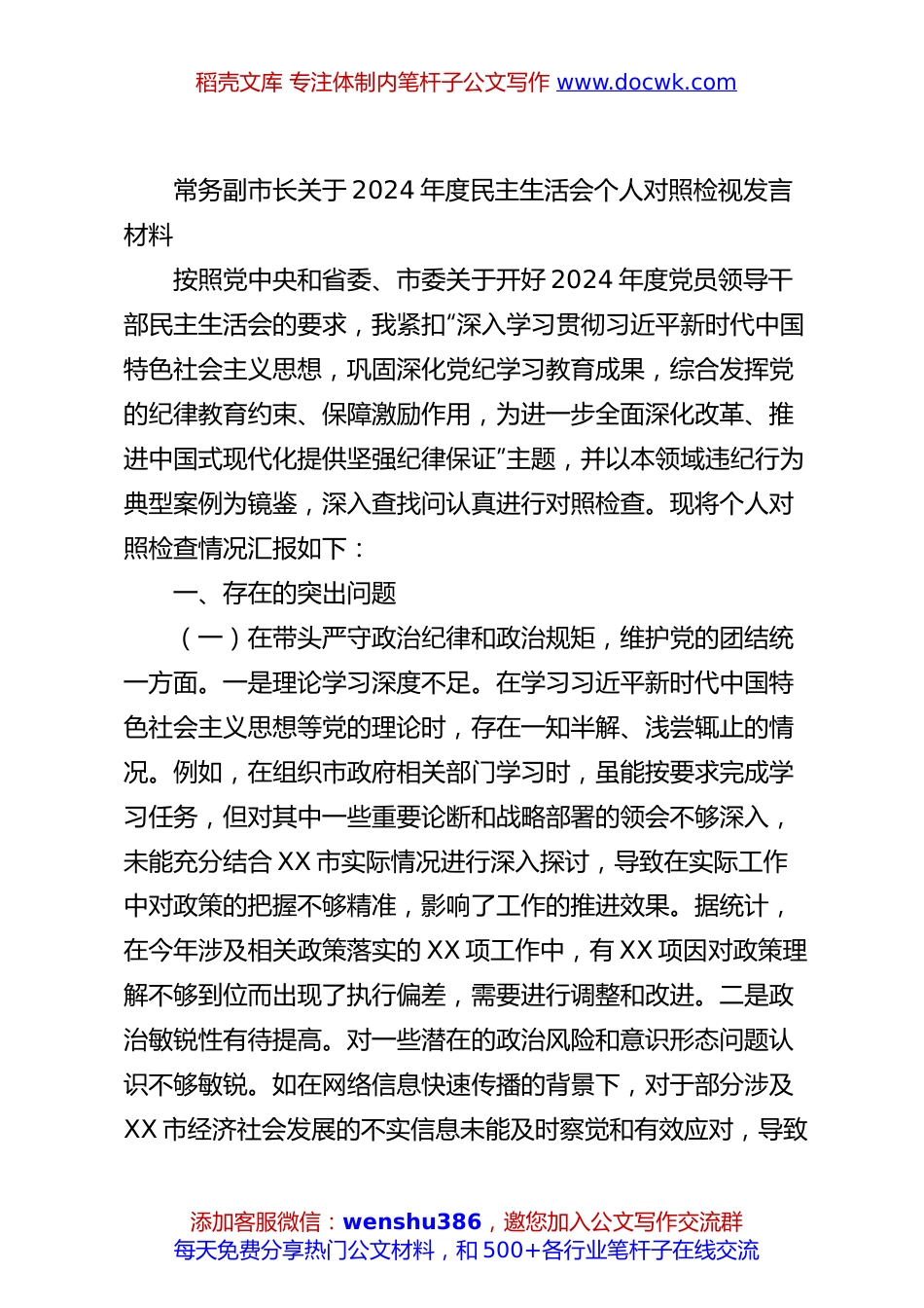 常务副市长关于2024年度民主生活会个人对照检视发言材料.docx