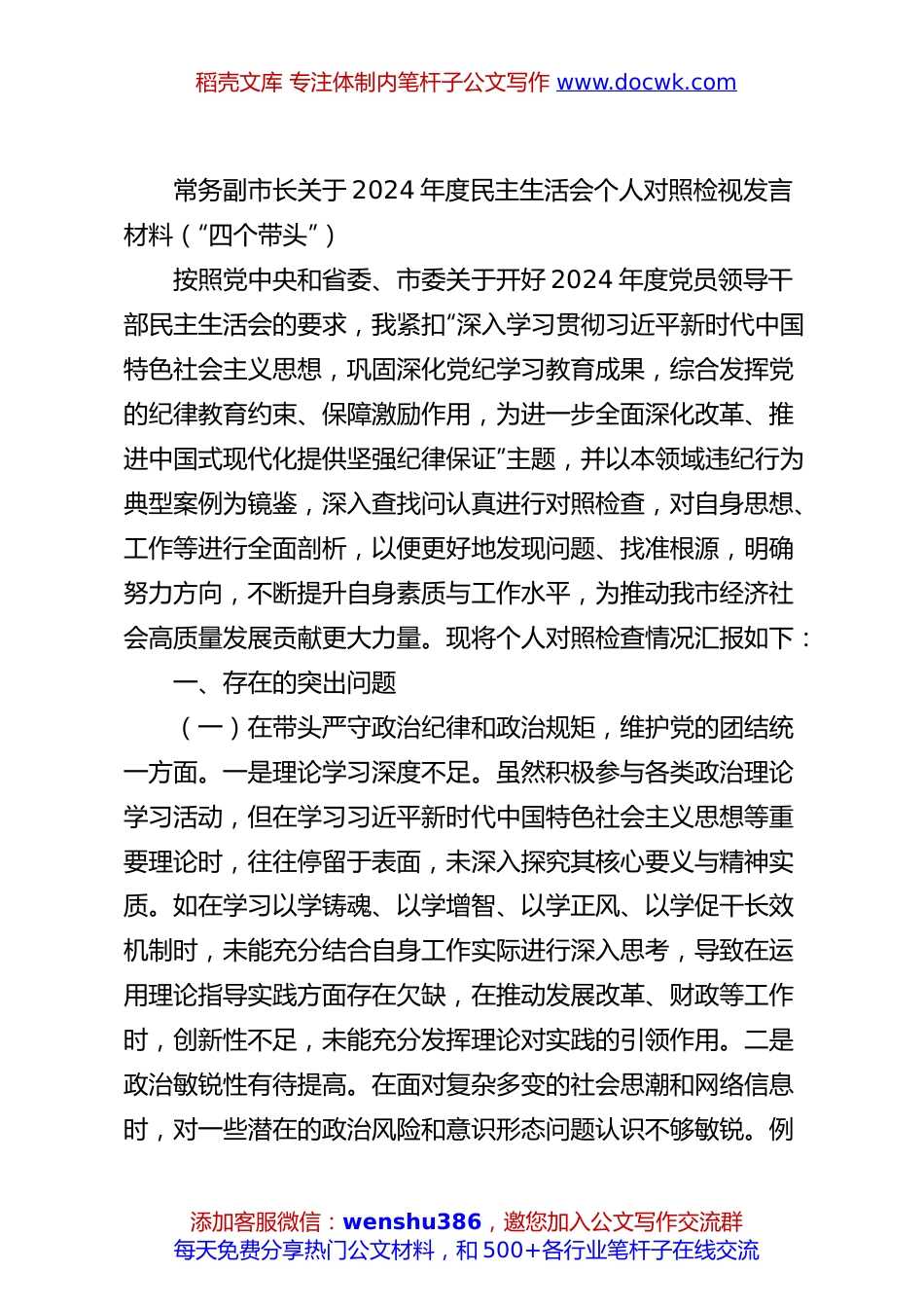 常务副市长关于2024年度民主生活会个人对照检视发言材料（“四个带头”）.docx