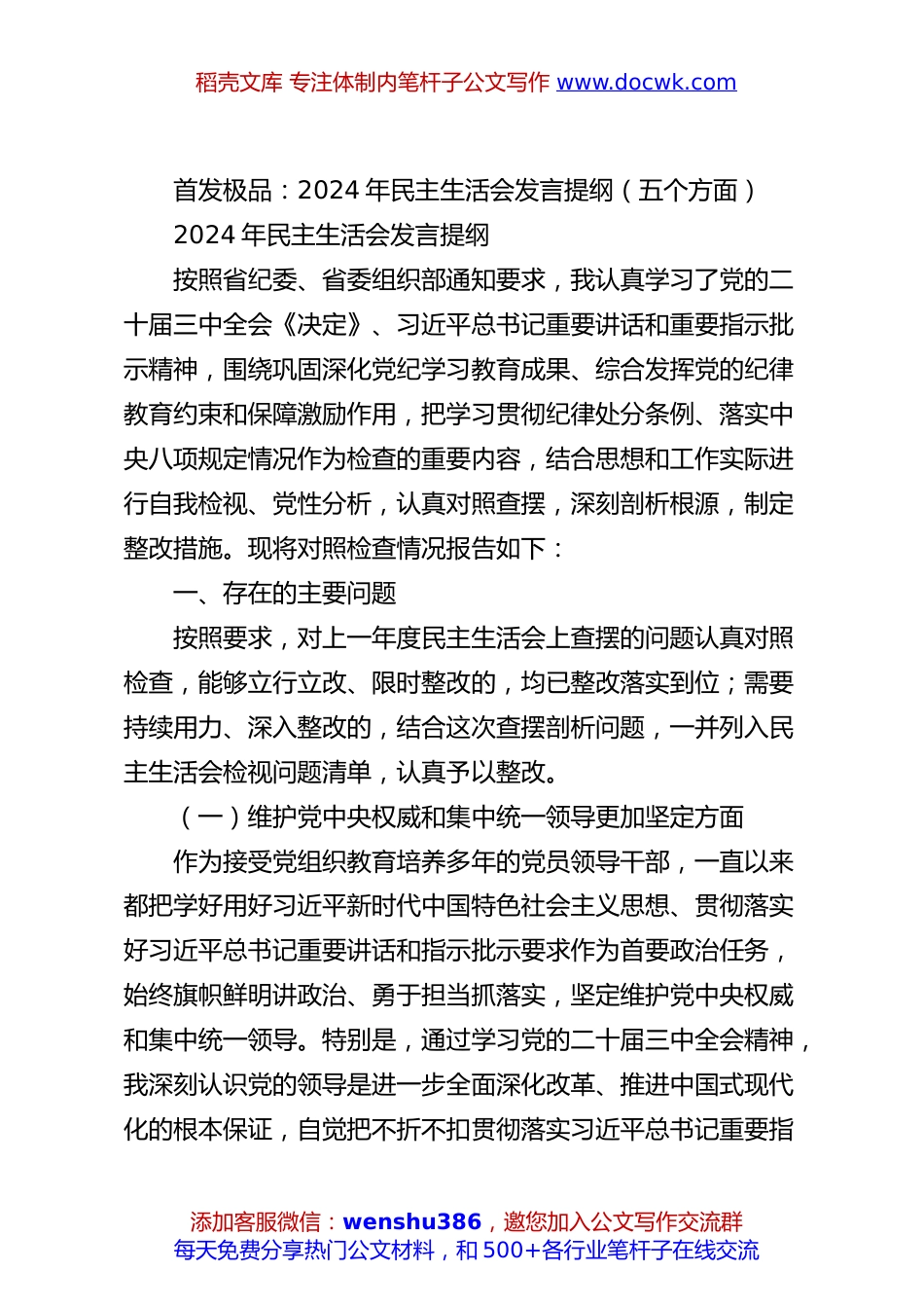 首发极品：2024年民主生活会发言提纲（五个方面）.docx