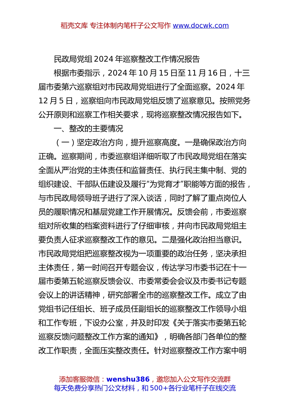 民政局党组2024年巡察整改工作情况报告.docx
