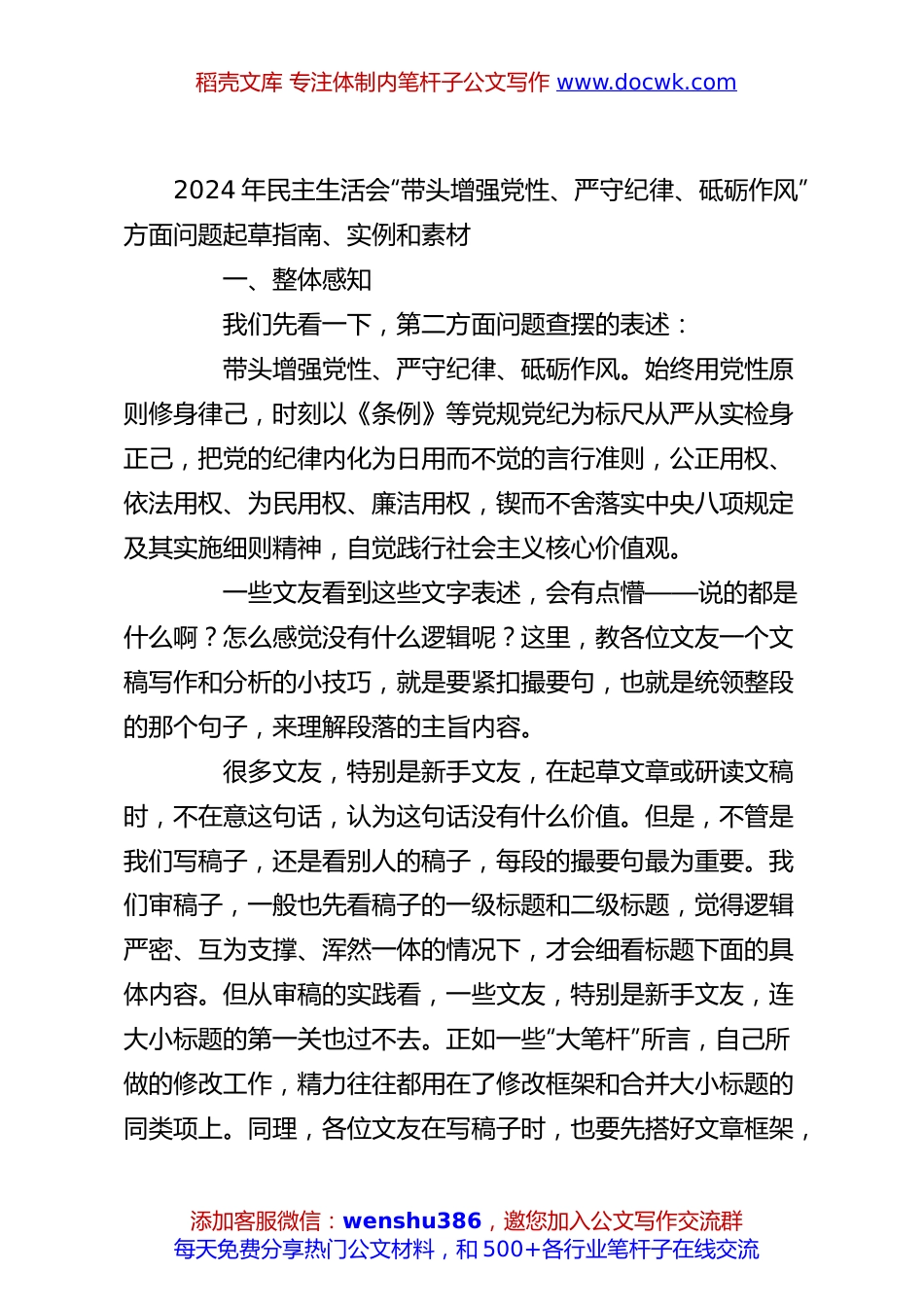 2024年民主生活会“带头增强党性、严守纪律、砥砺作风”方面问题起草指南、实例和素材.docx