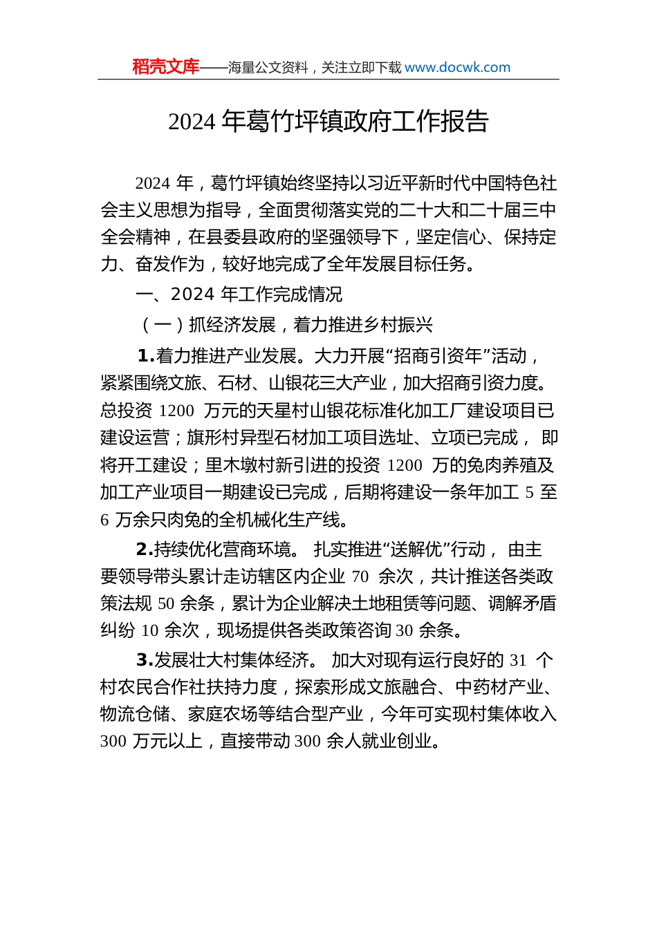 2024年葛竹坪镇政府工作报告.docx