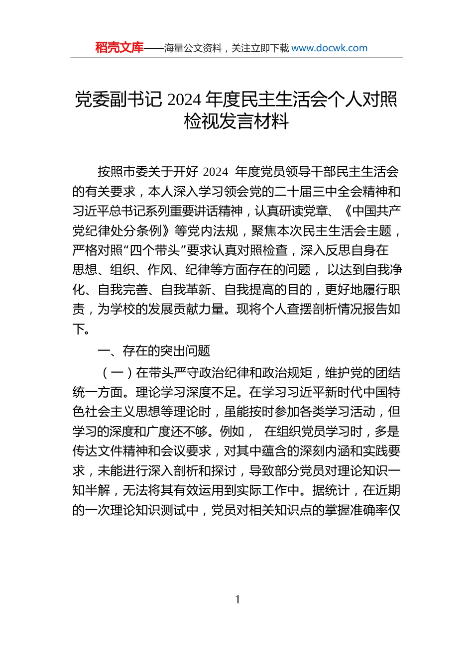 党委副书记2024年度民主生活会个人对照检视发言材料.docx