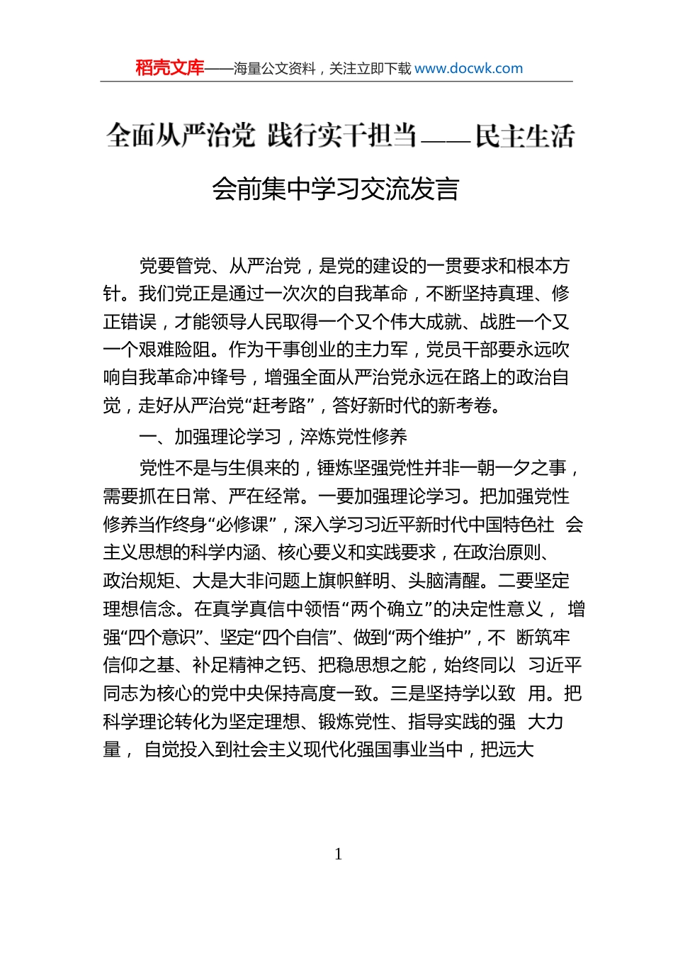全面从严治党践行实干担当——民主生活会前集中学习交流发言.docx