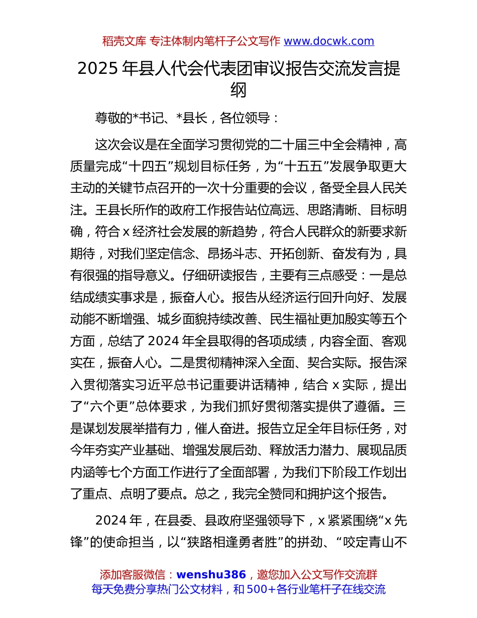 2025年人代会代表团审议报告发言：2025年县人代会代表团审议报告交流发言提纲.docx