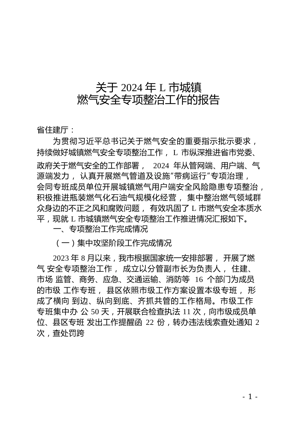 关于2024年xx市城镇燃气安全专项整治工作的报告.docx