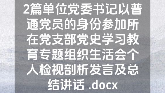 2篇单位党委书记以普通党员的身份参加所在党支部党史学习教育专题组织生活会个人检视剖析发言及总结讲话 .docx