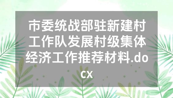 市委统战部驻新建村工作队发展村级集体经济工作推荐材料.docx
