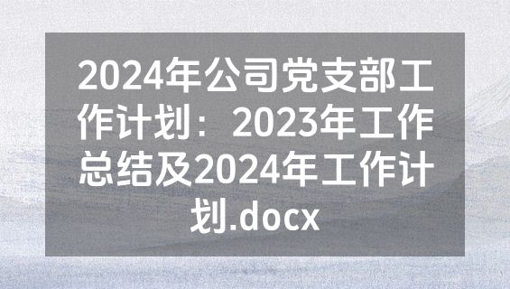 2024年公司党支部工作计划：2023年工作总结及2024年工作计划.docx