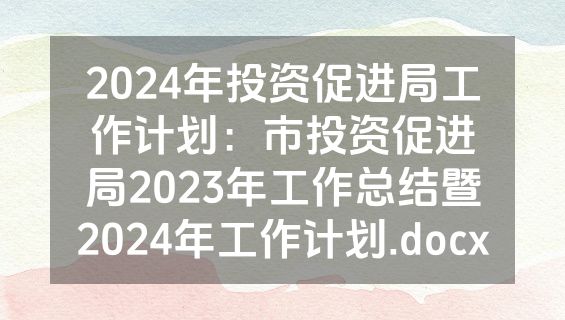 2024年投资促进局工作计划：市投资促进局2023年工作总结暨2024年工作计划.docx
