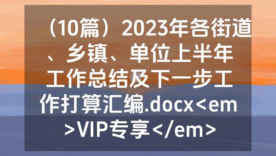 （10篇）2023年各街道、乡镇、单位上半年工作总结及下一步工作打算汇编.docx<em>VIP专享</em>