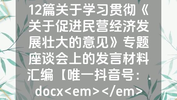 12篇关于学习贯彻《关于促进民营经济发展壮大的意见》专题座谈会上的发言材料汇编【唯一抖音号：.docx<em></em>