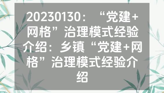 20230130：“党建+网格”治理模式经验介绍：乡镇“党建+网格”治理模式经验介绍