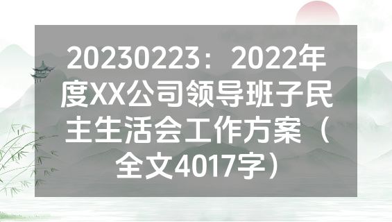 20230223：2022年度XX公司领导班子民主生活会工作方案（全文4017字）