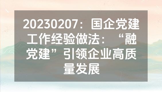 20230207：国企党建工作经验做法：“融党建”引领企业高质量发展