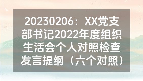 20230206：XX党支部书记2022年度组织生活会个人对照检查发言提纲（六个对照）