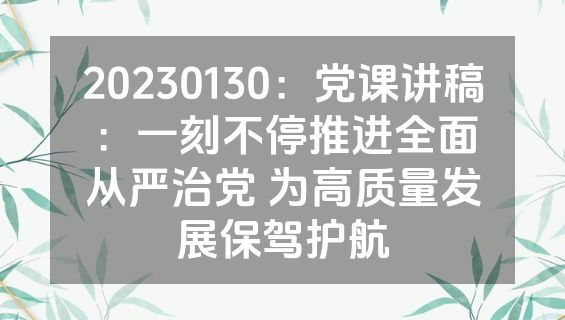 20230130：党课讲稿：一刻不停推进全面从严治党 为高质量发展保驾护航