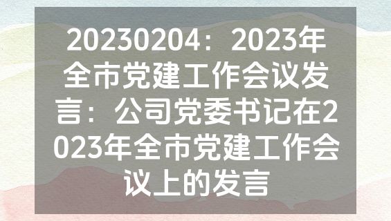 20230204：2023年全市党建工作会议发言：公司党委书记在2023年全市党建工作会议上的发言