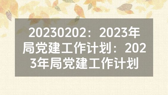 20230202：2023年局党建工作计划：2023年局党建工作计划
